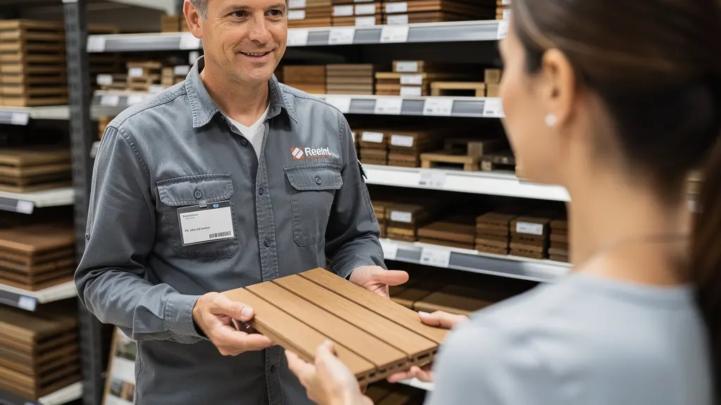 Conseiller montrant échantillon lame bois terrasse à cliente en magasin matériaux