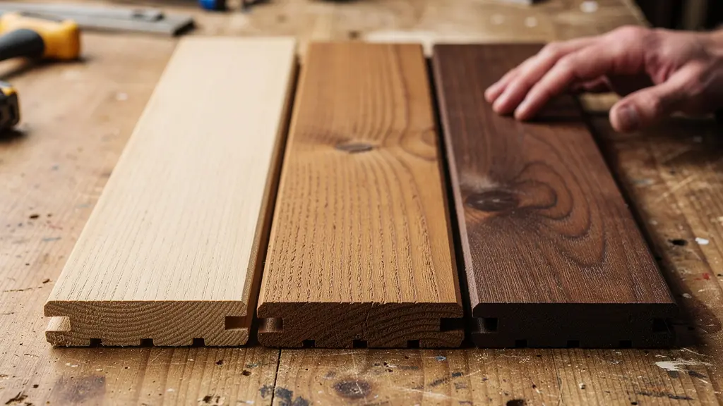 Trois échantillons lames terrasse bois différentes essences sur établi