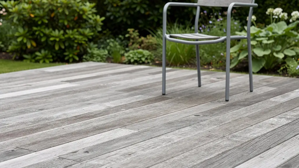 Terrasse bois extérieur grisé naturellement avec patine argentée authentique