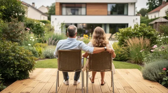 Terrasse bois naturel teinte miel dans jardin résidentiel français avec couple assis