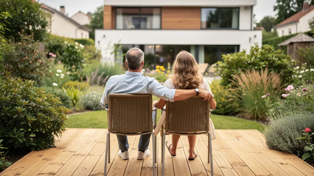 Terrasse bois naturel teinte miel dans jardin résidentiel français avec couple assis