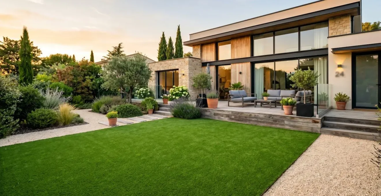 Jardin résidentiel contemporain avec pelouse synthétique verte impeccable, terrasse en bois clair visible en arrière-plan, lumière douce de fin d'après-midi
