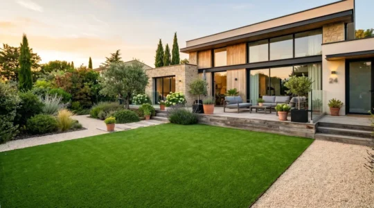 Jardin résidentiel contemporain avec pelouse synthétique verte impeccable, terrasse en bois clair visible en arrière-plan, lumière douce de fin d'après-midi