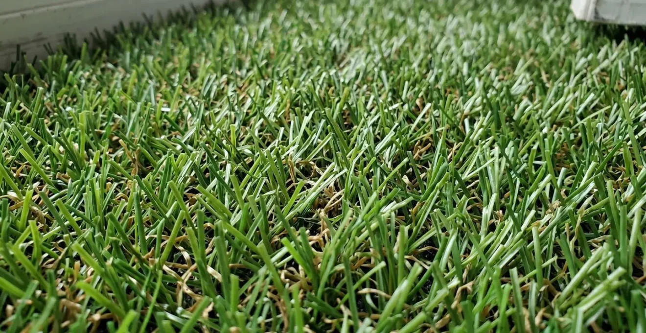 Gros plan extrême sur les fibres d'un gazon synthétique montrant le mélange de brins verts et bruns, détail de la texture des filaments avec arrière-plan flouté